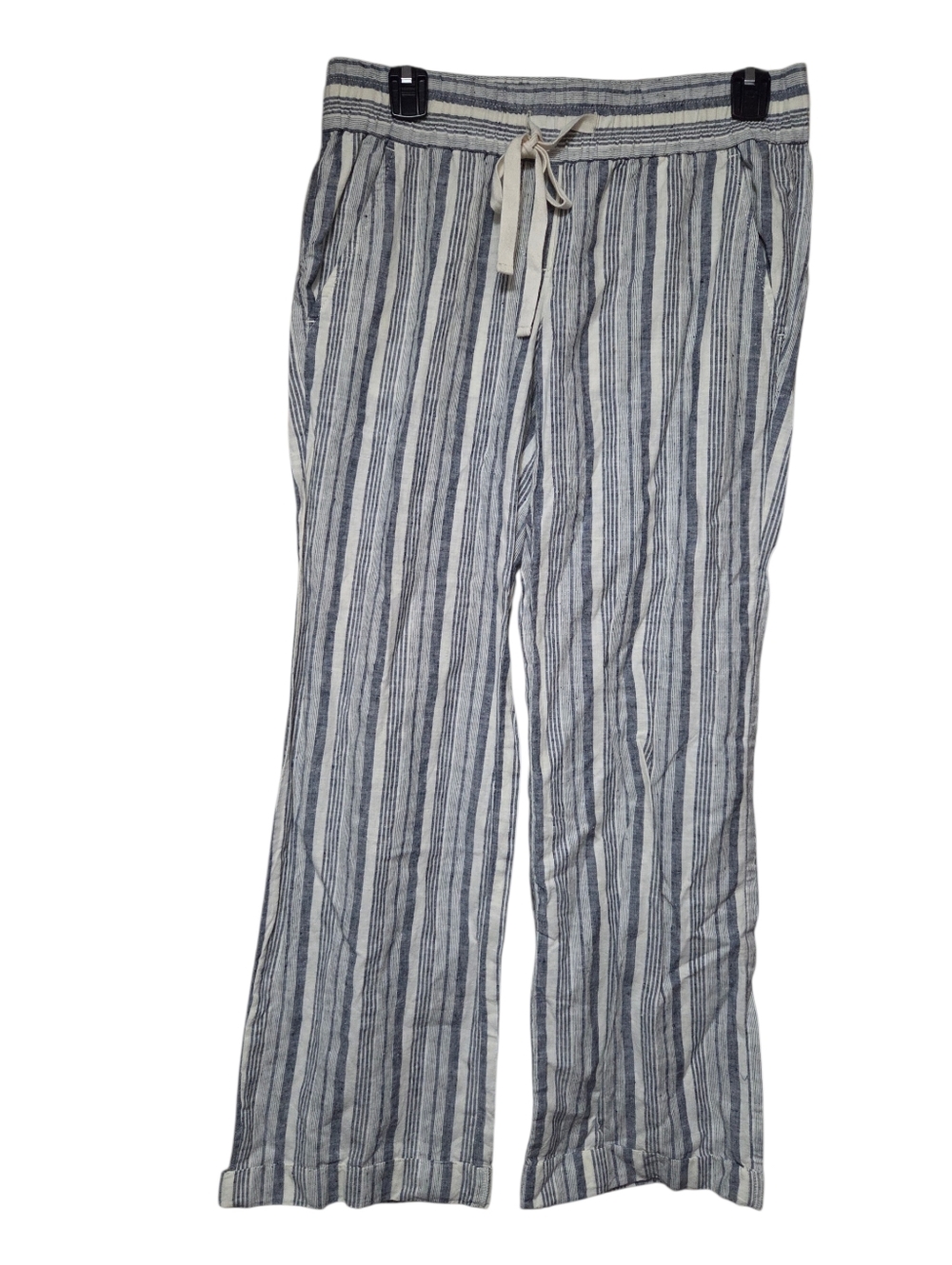 Ann Taylor Navy and White Striped Pull On Pants Drawstring Waist LINEN SIZE XS